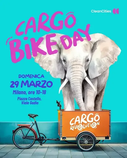 Immagine dell'iniziativa Cargo bike day: dentro il cassone una bici trike cargo c'è un grosso elefante. Sul cassone è scritto "cargo bike day"

Le informazioni scritte sono riportate nel toot
