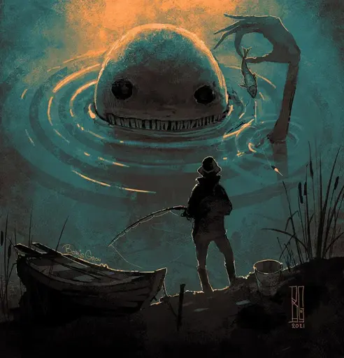 horrible monster in a lake holding up a fish to a human on the shore