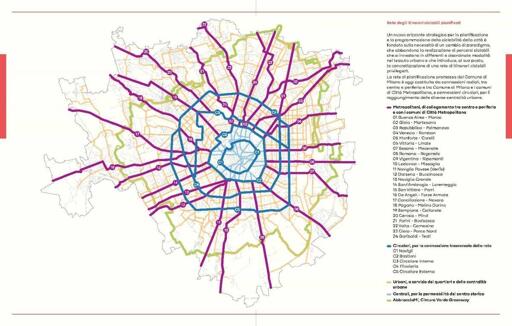 Mappa che evidenzia la rete ciclabile progettata per la città di Milano. Si vedono 24 percorsi radiali e 3 circolari, che coprono sostanzialmente tutta l'area.