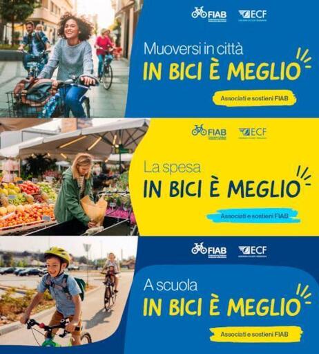 3 banner della campagna abbonamenti 2025 FIAB, uno sopra l'altro, tutti composti da un'immagine e un testo.
1)"muoversi in città in bici è meglio". Foto di una ragazza in primo piano che sorride mentre pedala su una strada cittadina.
2)"fare la spesa in bici è meglio". Foto di una donna che carica u sacchetto al mercato in una cargo bike
3)"Andare a scuola in bici è meglio". Foto di un bimbo che pedala sorridente