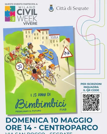 Volantino dell'evento.

Un disegno con bambini in bici è circondato dai loghi della civil week, Del Comune Di Segrate, Di Fiab SegrateCiclabile, del baraonda e di ambiente acqua