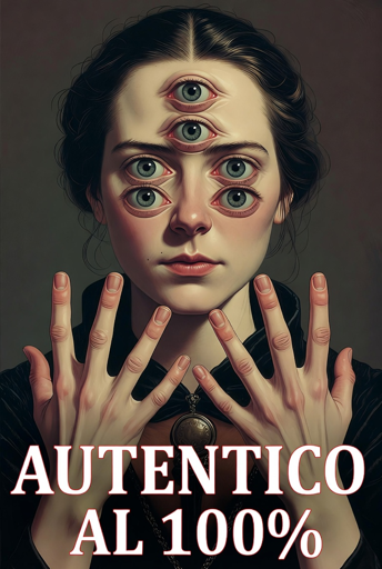 Immagine di una donna con diversi occhi e le mani da sette dita riporta la scritta "AUTENTICO AL 100%"

