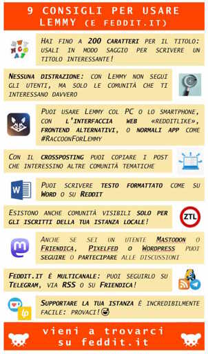 9 CONSIGLI PER USARE LEMMY (E FEDDIT.IT) Hai fino a 200 caratteri per il titolo: usali in modo saggio per scrivere un titolo interessante! Nessuna distrazione: con Lemmy non segui gli utenti, ma solo le comunità che ti interessano davvero Puoi usare Lemmy col PC o lo smartphone, con l’interfaccia web «redditlike», frontend alternativi, o normali app come #RaccoonForLemmy Con il crossposting puoi copiare i post che interessino altre comunità tematiche Puoi scrivere testo formattato come su Word o su Reddit Esistono anche comunità visibili solo per gli iscritti della tua istanza locale! Sei un utente Mastodon o Friendica o Pixelfed? Anche tu puoi seguire o partecipare alle discussioni su Lemmy Feddit.it è multicanale: puoi seguirlo su Telegram, via RSS o su Friendica! Supportare la tua istanza è incredibilmente facile: provaci! Vieni a trovarci su feddit.it