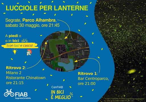 Illustrazione dell'evento.

Sullo sfondo una foto di lucciole al buio.

Varie scritte con informazioni come nel toot.

Una mappa per spiegare i punti di ritrovo
