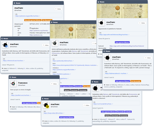 Diversi account di macfranc che appartengono a piattaforme diverse ma visti tutti da BrowserPub